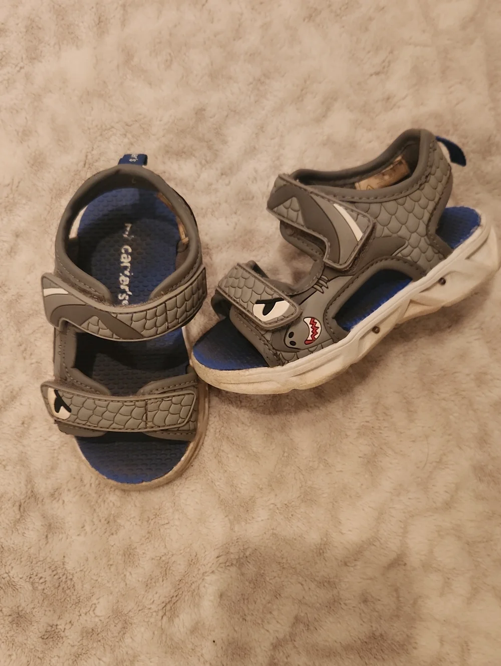 Carters Boys Size 7 Kids Shark Gray & Blue Velcro Sandals